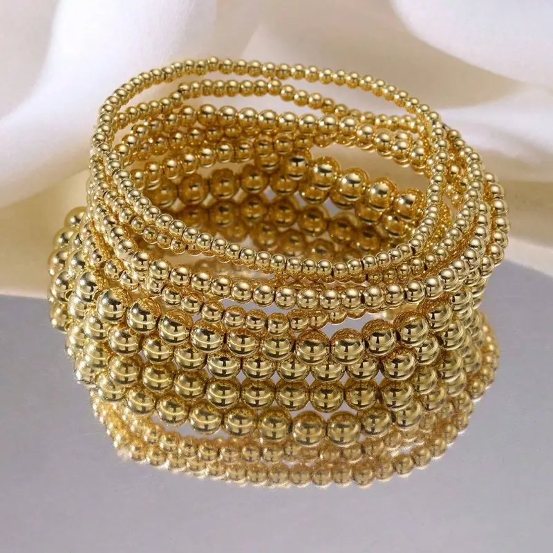 7-Piece Gold-Tone Resin Beaded Bracelet Set for Women, Stackable Stretch Bracelets, Everyday Fashion Jewelry Gift for Mother's Day or Birthdays, Mothers Day Bracelet