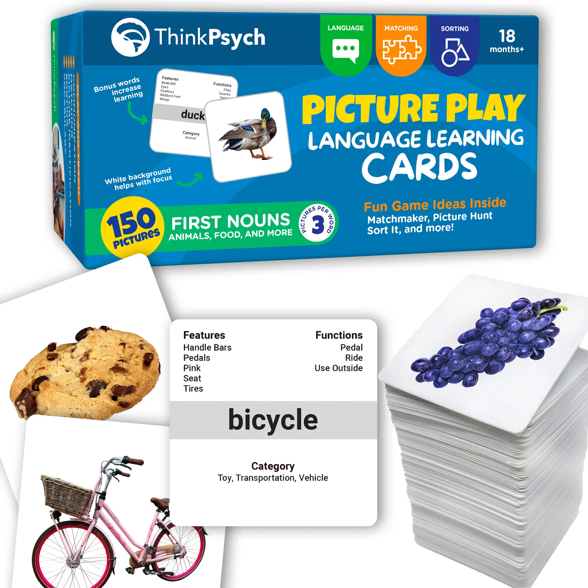ThinkPsych Picture Play Language Learning Cards — 150 Picture Cards for Speech Therapy | Flash Cards for Toddlers | Animals, Body Parts, Emotions, Food & More | ABA Therapy & Tacting Cards | Designed by a BCBA