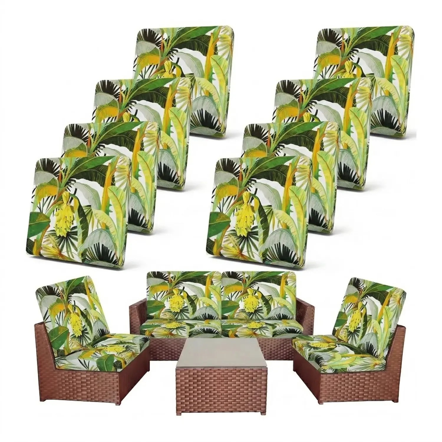 4-Piece Stretch Patio Cushion Covers, Washable Outdoor Furniture Protectors with Elastic Bottom, Banana Leaf Design Replacement for Wicker Patio Couch Seat & Backrest