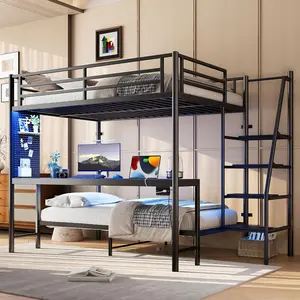 Full Over Twin Bunk Bed with Desk LED and Charging Station, Metal Bunk Beds Full Over Twin with Pegboard, Safety Guardrail & Stairs for  Teen Adult,No Box Spring Needed -Black/White