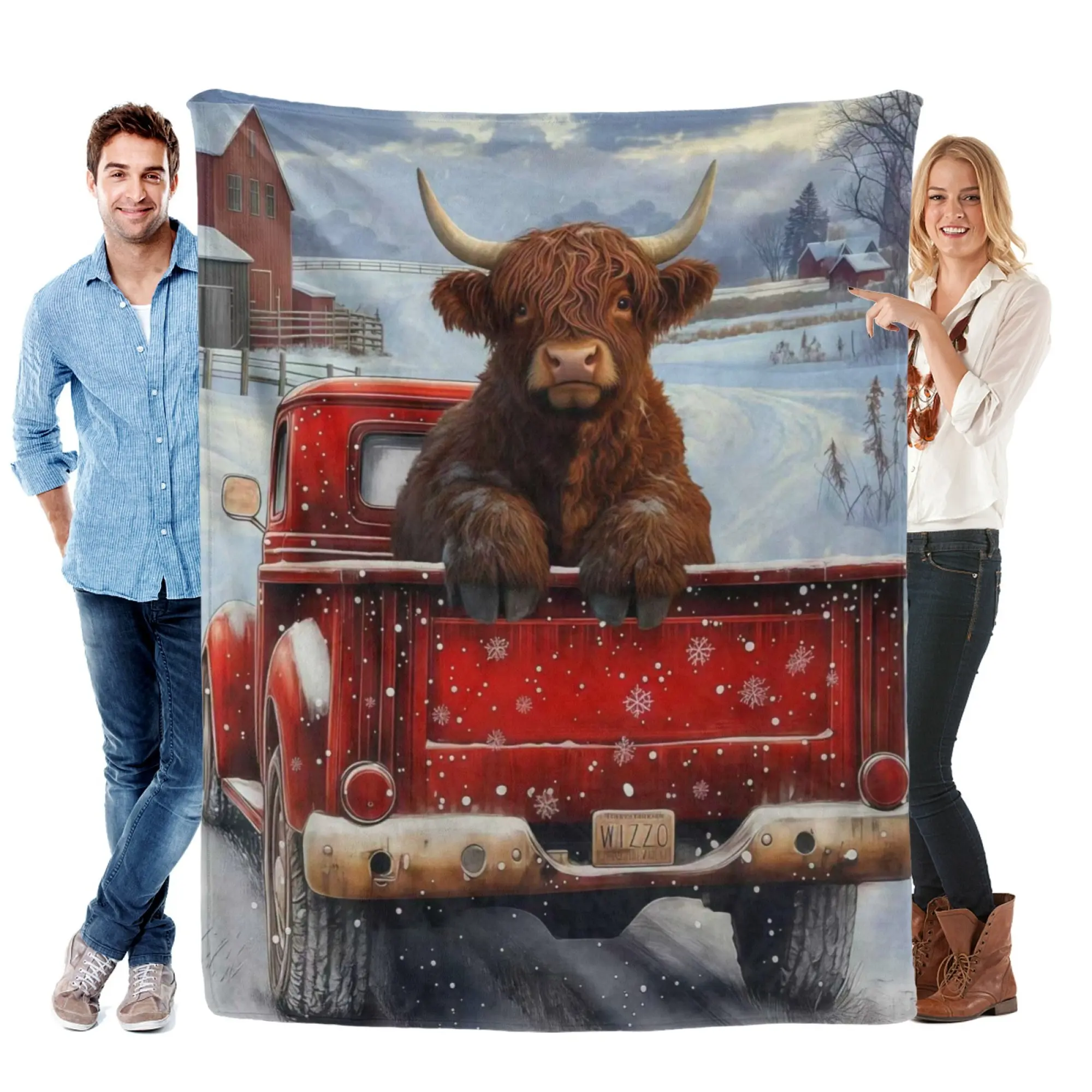 Highland Cow In Red Vintage Winter Truck Flannel Throw Blanket, Snowy Farmhouse Soft Warm Fleece Blanket, Rustic Country Decor for Sofa Bed Bedroom, Christmas Holiday Birthday Gift For Highland Cow Animal Lovers Women