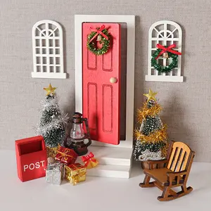 19pcs Dollhouse Christmas Mini Scene Door and Window Model Christmas Tree Ornaments Handmade DIY Mailbox Rocking Chair Decorative Accessories with Lanterns Bells and Wreaths