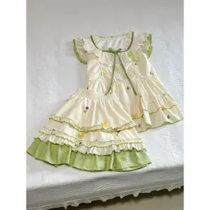 Women Two Piece Set Sweet Lolita Style Short Sleeve Bow Top and Ruffle Mini Skirt Print Cute Korean Outfit Summer Matching Suit