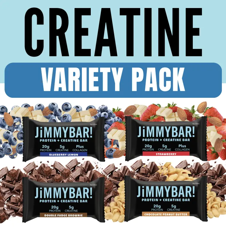 JiMMYBAR! Creatine High Protein Bar Variety Pack - 20g High Protein, 5g Creatine, Collagen-Boosted, Real Foods, Milk-Infused - Chocolate Peanut Butter, Double Fudge Brownie, Strawberry, Blueberry Lemon - Healthy On-The-Go Boxed Grab-And-Go Snacks
