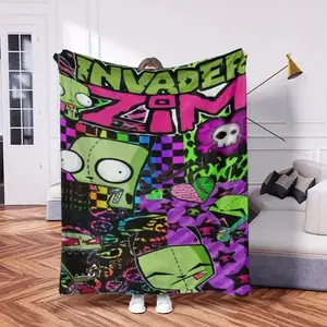 Invader Zim Alien Theme Cartoon Print Blanket - Ultra Soft, Machine Washable Throw for Sofa & Bed, All-Seasons Use, Vibrant Green Aliens & Colorful Patterns, Playful Look Cozy Home Decor Textile