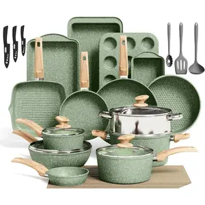 Pots and Pans Set Nonstick 30 Pieces Induction Kitchen Cookware and Bakeware Sets Green Granite Coating Cooking Pans Set