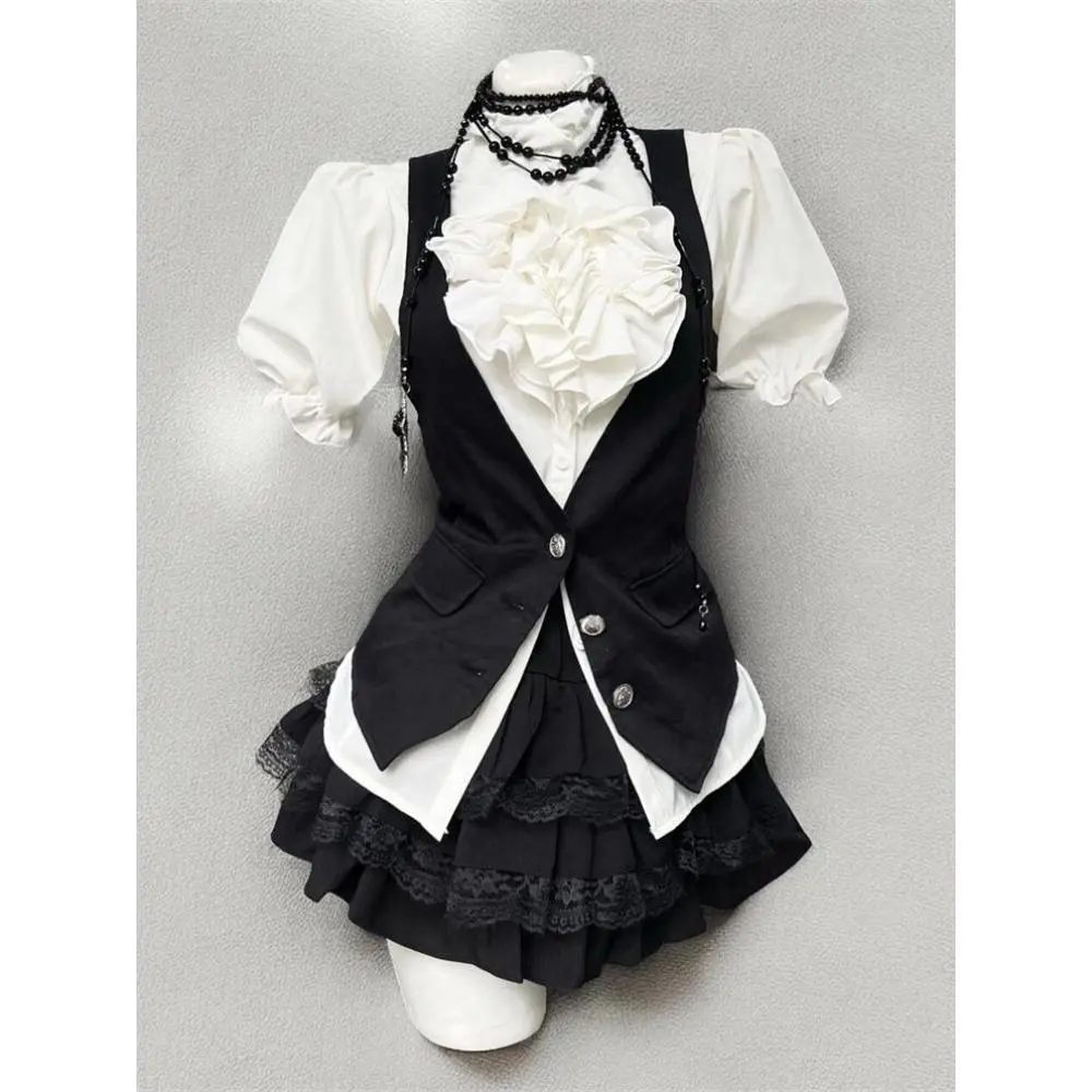 Harajuku Gothic Retro Chic Outfit Women Bubble Sleeve Shirt + Slim Vest + Short Cake Skirt New Vintage Fashion 3 Piece Suit 2025 Clothes Light