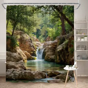 1Pc Nature Themed Shower Curtain Waterfall and Stream Scenic Polyester Fabric Bath Hanging Curtain Bathroom Decor 70.8x70.8 Inch with Hooks, Outdoor Forest Landscape Design