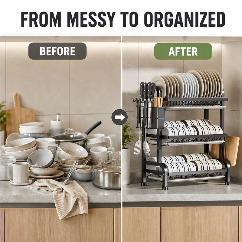 3-Tier Metal Kitchen Counter Organizer - Heavy Duty Dish Drying Rack with Drain Tray & Drainage, Space-Saving Kitchen Accessory Storage Rack for Plates, Bowls, Cups, Utensils, Cutting Boards (Box Pack), Kitchen Accessories