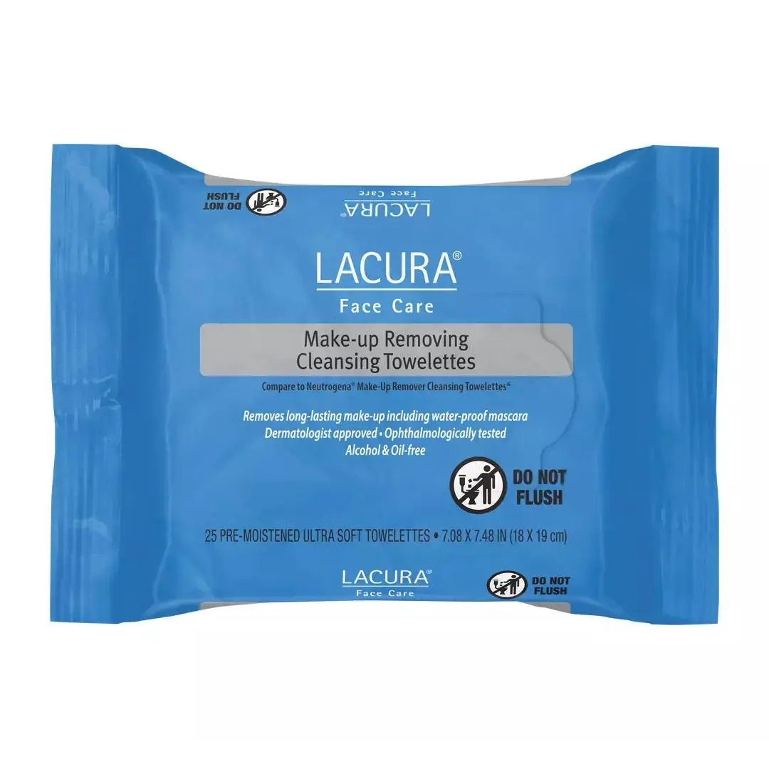Lacura Make-Up Removing Cleansing Towelettes – 25 Count Soft Pre-Moistened Wipes for Effective Makeup Removal Gentle Skin Care
