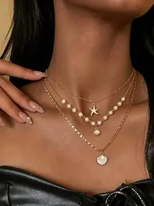 Unique Starfish Shell Layered Necklace, Beach Style Pearl Collar Chain, Trendy Design Necklace, Fashionable Jewelry for Women
