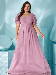 [Plus Size] Plain Ruched Wrap V Neck Chiffon Evening Dress, Elegant Chic Puff Sleeve Maxi Dress Formal Wear for Party & Banquet, Women's Clothes for All Seasons