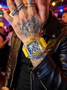Cyberpunk Transparent Fashion Men's Watch, Barrel Shape Hollow Dial, Rubber Strap, Waterproof Shockproof, Gift Box Packaging