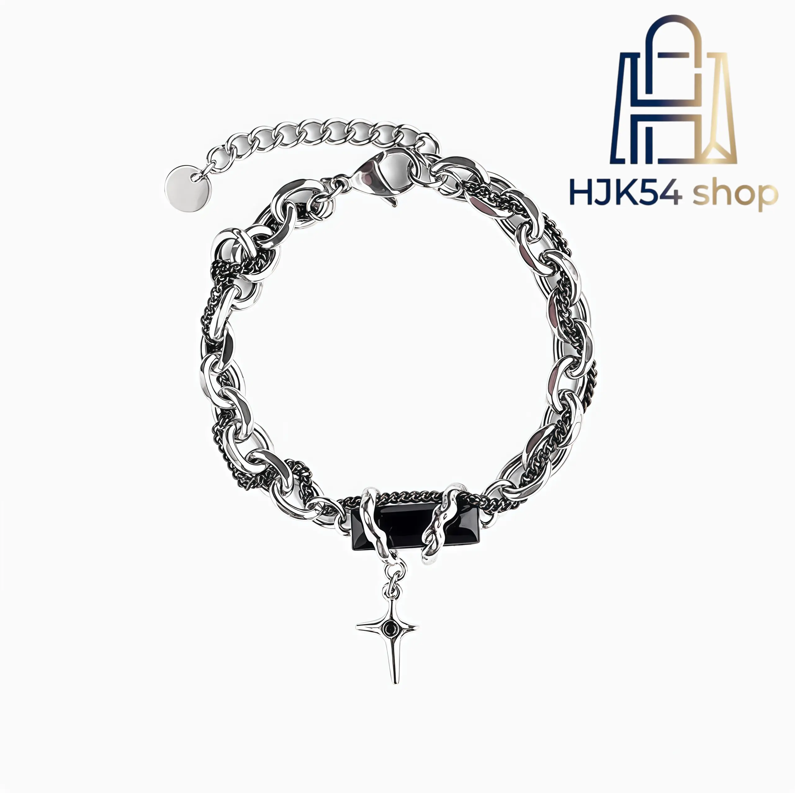 Women's Gothic Star Charm Crystal Stainless Steel Double-Layer Chain Bracelet with Black Gemstones - Black Stainless Steel, Dark Aesthetic, Emo Gothic Style Bracelets & Bangles for Daily & Party Wear Costume Jewelry, Black Stainless Steel Bracelets & Bang