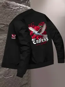 Men's Trendy Fall Winter Jacket, Rose Peace Dove Pattern Casual Business Youth Baseball Coat, Fitted Style Outerwear, Casual Fashion Jacket