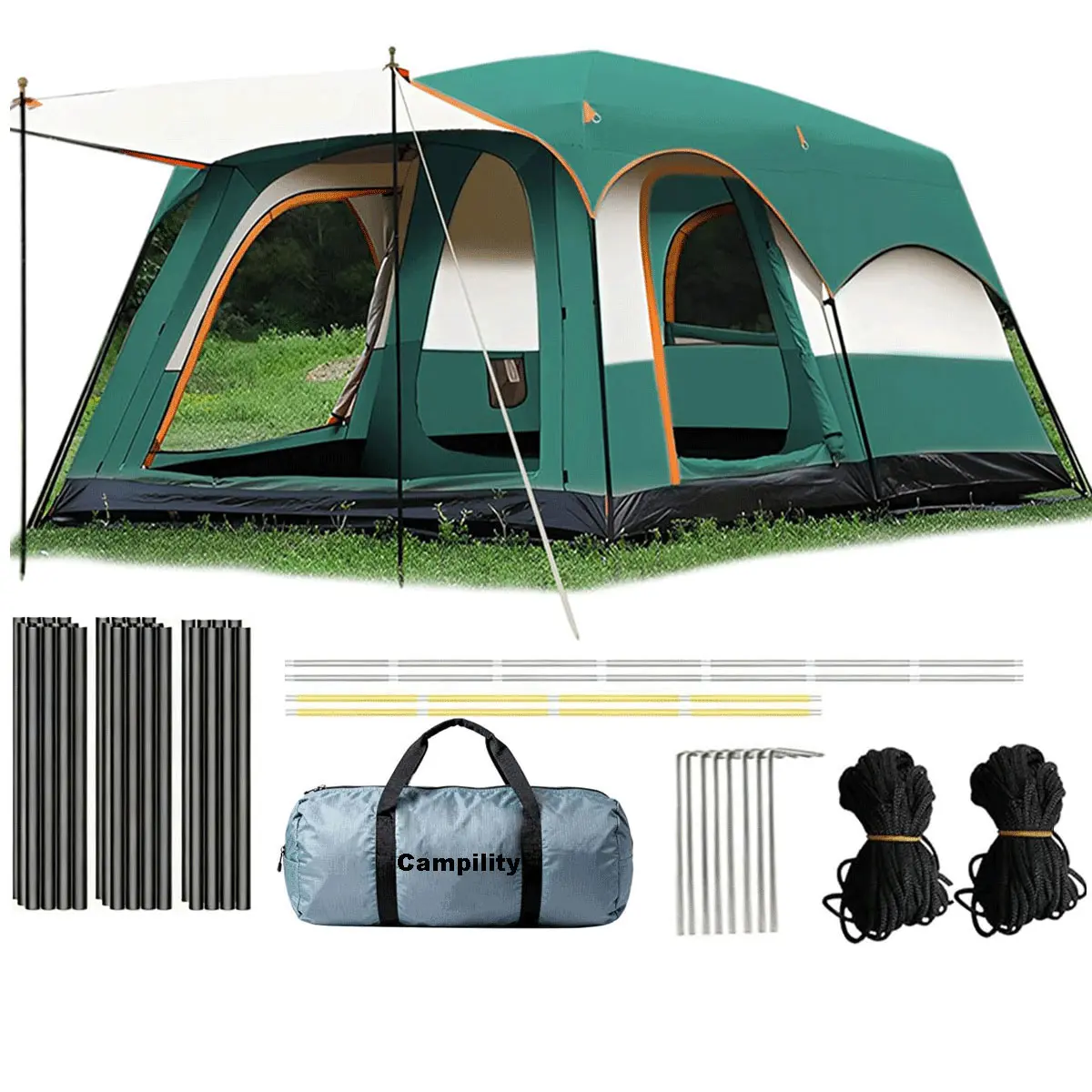 【Camping Essentials】Extra Large 8-12 Person Quick & Easy Setup Waterproof Family Tent - Oxford Polyester Straight Wall 2 Rooms Mesh Windows 3 Doors Portable Carry Bag for Hiking Picnic Glamping Family Reunion Camping Gear Tent for Camping Labor Day Gift