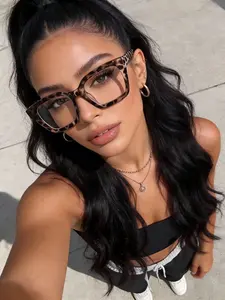 Women's Leopard Print Square Plastic Frame Blue Light Blocking Glasses, Fashion Retro Transparent Lenses, Lightweight Comfortable