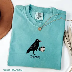 Comfort Colors Raven Crow Coffee Shirt Halloween T-Shirt, Fall Tee, Trendy Short Sleeve Shirts, Women Casual Cotton Fabric Womenswear