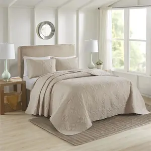 212 MAIN 5DS13-0168 Khaki 100% Polyester Microfiber 3-Piece Bedspread Set - Full/Queen, Oversized Size, Transitional Look Microfiber Bedding Set