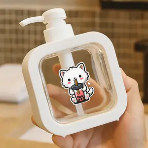 Creative Bathroom Dispenser with Hand Pump - Cute Cartoon White Cat Holding Bubble Tea Cup, Fluffy Black-Eyed Feline with Pink Cheeks, Whimsical Sparkles, Red Drink & Tapioca Pearls Design, Black Background, Perfect for Soap/Lotion