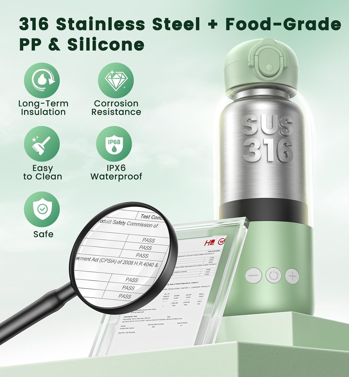 Portable Bottle Warmer for Travel 12oz- 80W Fast Heating, 316 Stainless Steel, 11400mAh Rechargeable Precise Temp Control & LED Display Safety Lock Cordless Travel Warmer for Breastmilk & Formula