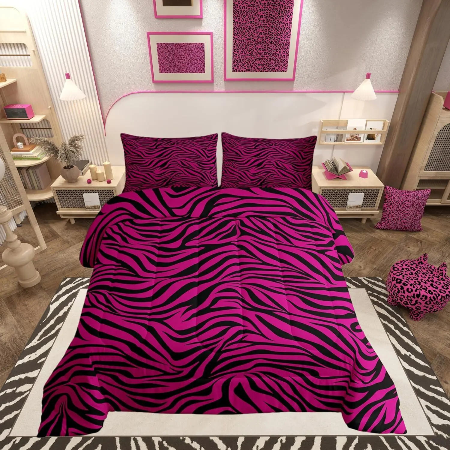 Black Pink Zebra Skin Comforter Set,Wild Animals Bedding Set for Kids Girls Women,Adults Zebra Stripes Comforter,Zoo Animal Fur Quilted Duvet Set,Bedroom Collection, Comforters, Bed Comforter Set