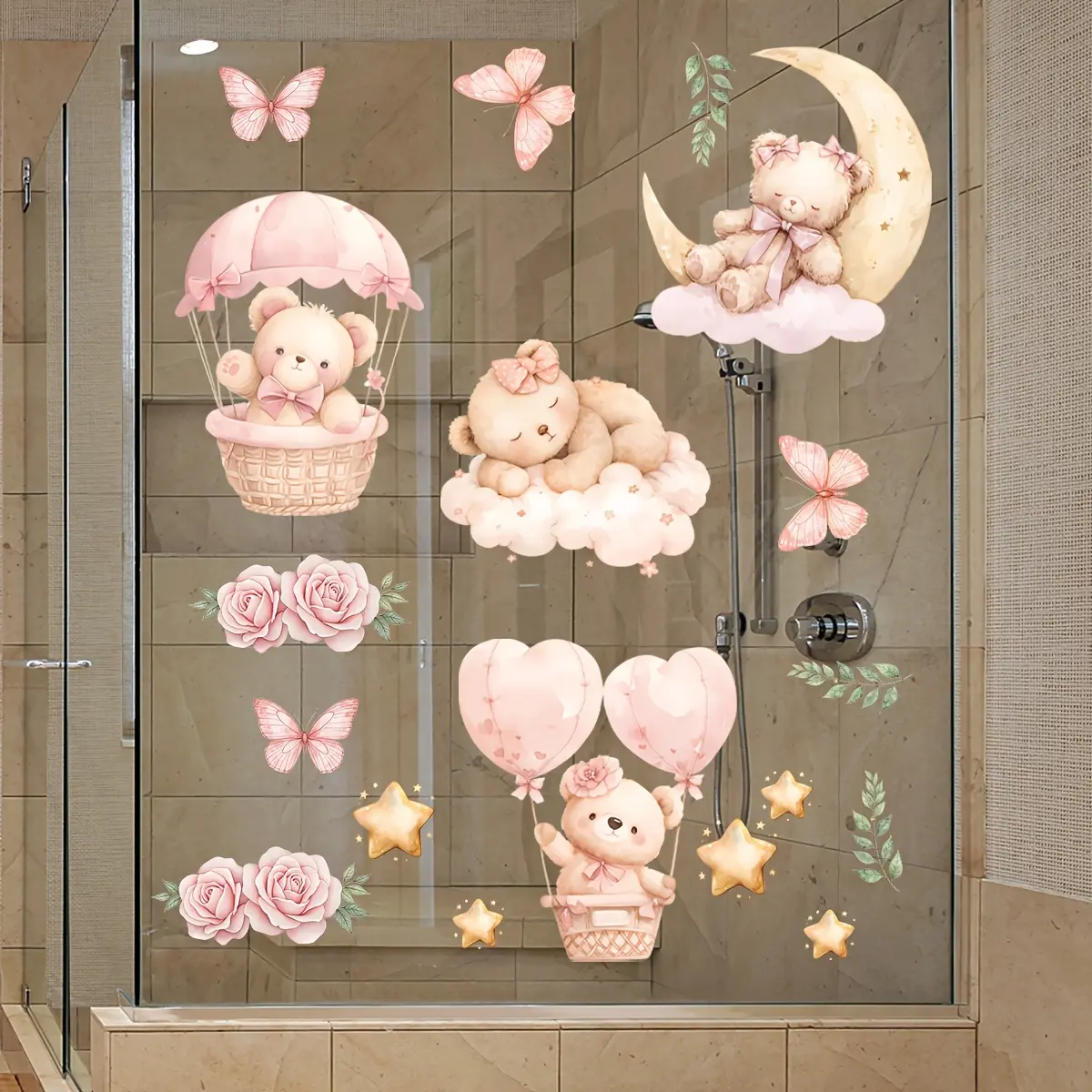 A piece of (30*60cm) electrostatic adsorption goodnight bear hot air balloon moon butterfly flower decorative sticker Home Decor Decoration for beautifying living room and bedroom windows, model D18674