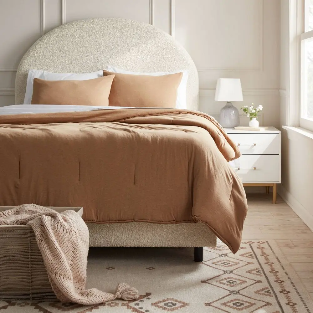 3pc Full/Queen Jersey Comforter and Sham Set Light Brown - Threshold: Knitted Bedding Sets Zipper Closure Shams