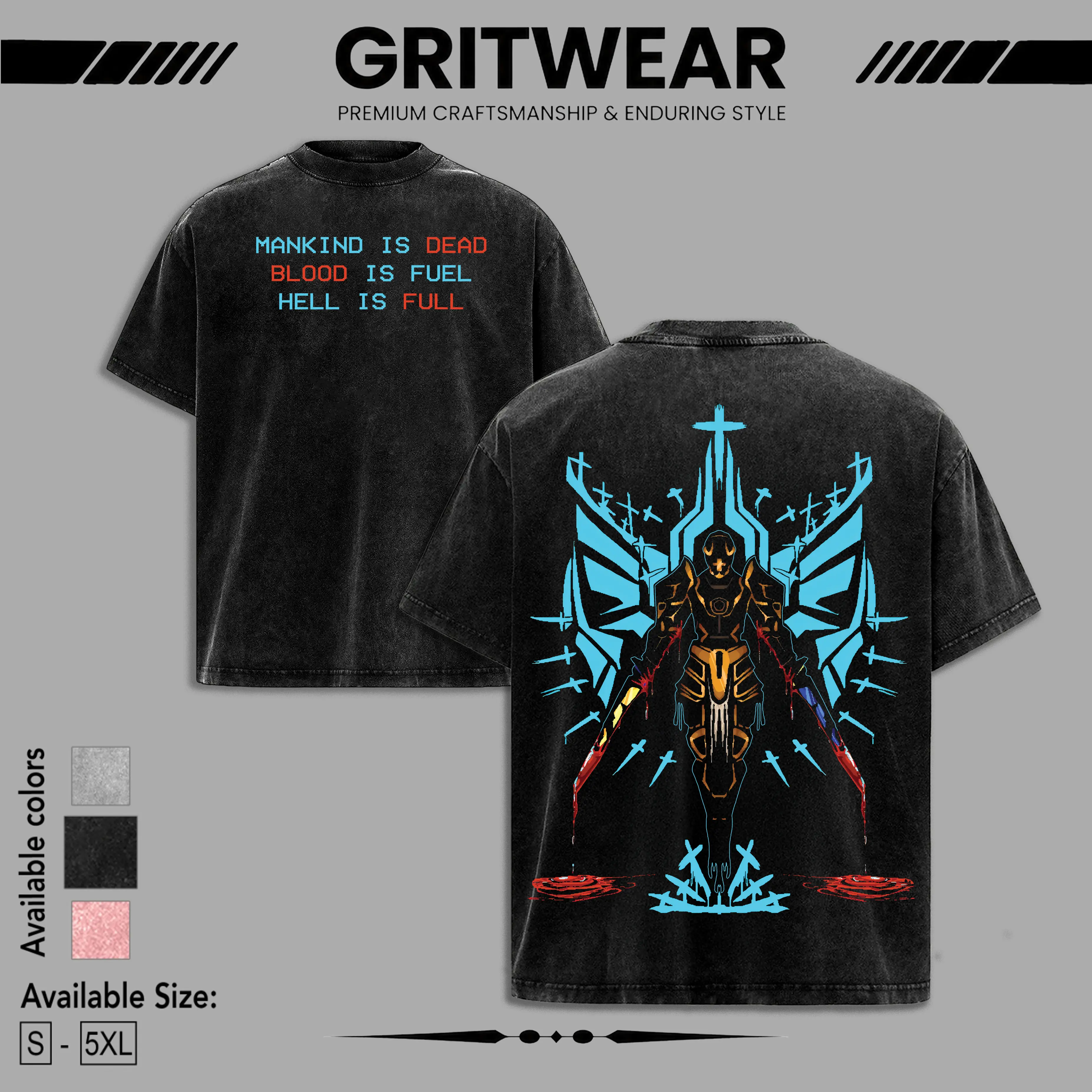 Ultrakill Gabriel Fallen Angel Gaming T-Shirt Double-sided Heavyweight Washed Fabric Cotton Graphic Tee Gamis Oversized Crewneck Streetwear Casual
