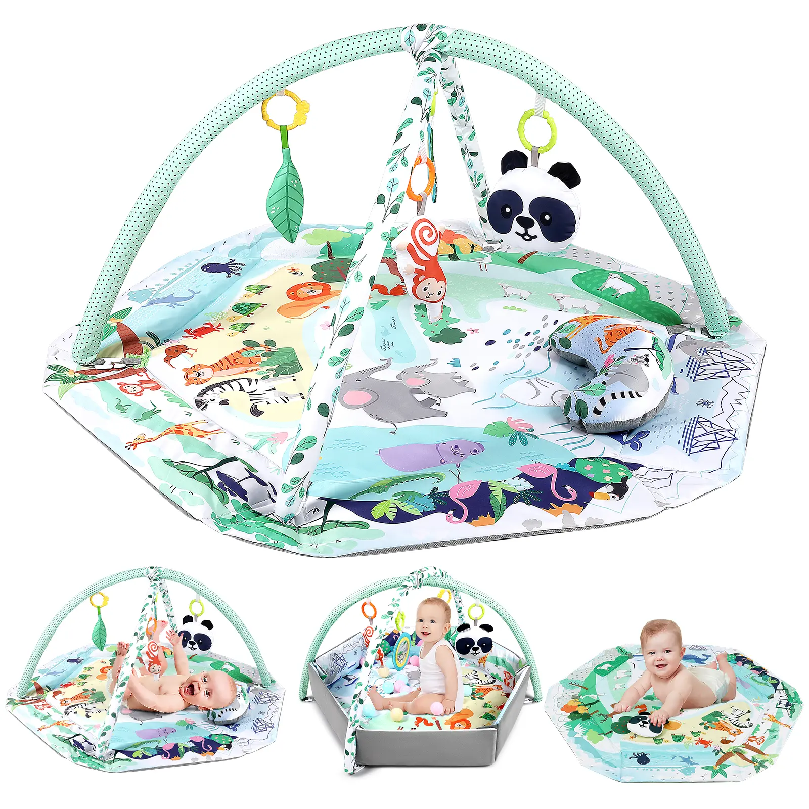 dearlomum 4-in-1 Tummy Time Mat Baby Activity Play Mat with 6 Infant Learning Sensory Toys for Floor Toddler Motor Skill Development Babies Ball Pit 18 Ocean Balls Cute