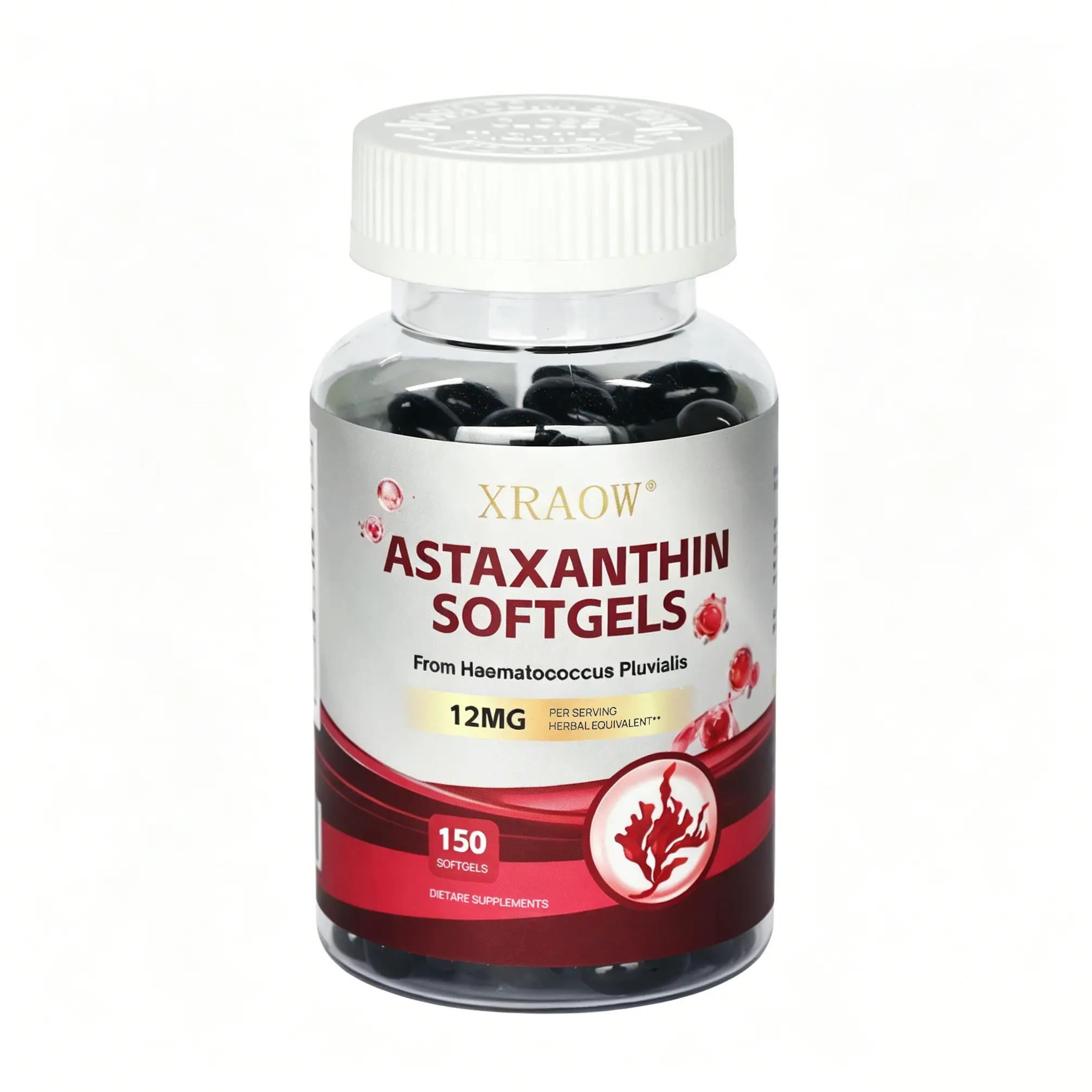 XRAOW 12mg Astaxanthin Vegan Vitamin Dietary Supplement - 150 Easy-to-Swallow Capsules, Fresh Microalgae Source, Gluten-Free, Healthcare Support for Eye Health Antioxidants, Joints, Sun Protection (Bottle)