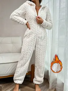 Women's Winter Coral Fleece Zip-Up Onesie Set, Casual Long Sleeve Pajamas, Loose-Fitting Hooded Home Wear, Plain Color