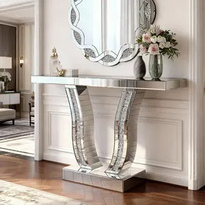 43 Inch Mirrored Console Table, Modern Silver Entryway Sofa Table with Curved Stone-Inlaid Legs, Silver Glam Entryway Table for Living Room, Modern Luxury Accent Table, Hallway Foyer Table