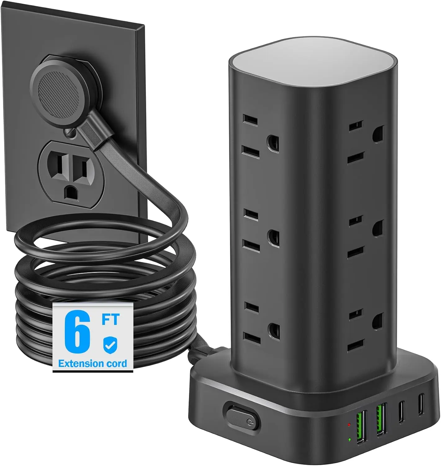 Tower Power Strip with Surge Protector - 12 AC Outlets & 4 USB Ports (2 USB-C), 6FT Extension Cord,  Station Tower for Home Office Dorm Travel (Black)