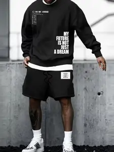 Men's Simple Bold Letter Print Graphic Tracksuit Casual Sports Sweatshirt and Shorts Two-Piece Set