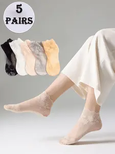 5 pairs of women's summer thin lace edge short socks, breathable anti-slip mesh printed socks suitable for daily casual wear, Elastic Socks