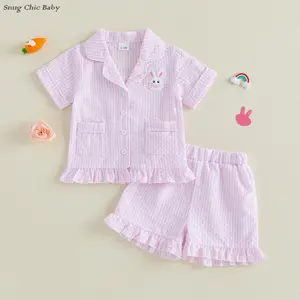 Cute Easter Two-Piece Pajama Set for Toddlers - Pink Striped Bunny Embroidered Ruffled Button-Up Shirt + Shorts, Adorable Baby Pajamas (6 Months - 5 Years)