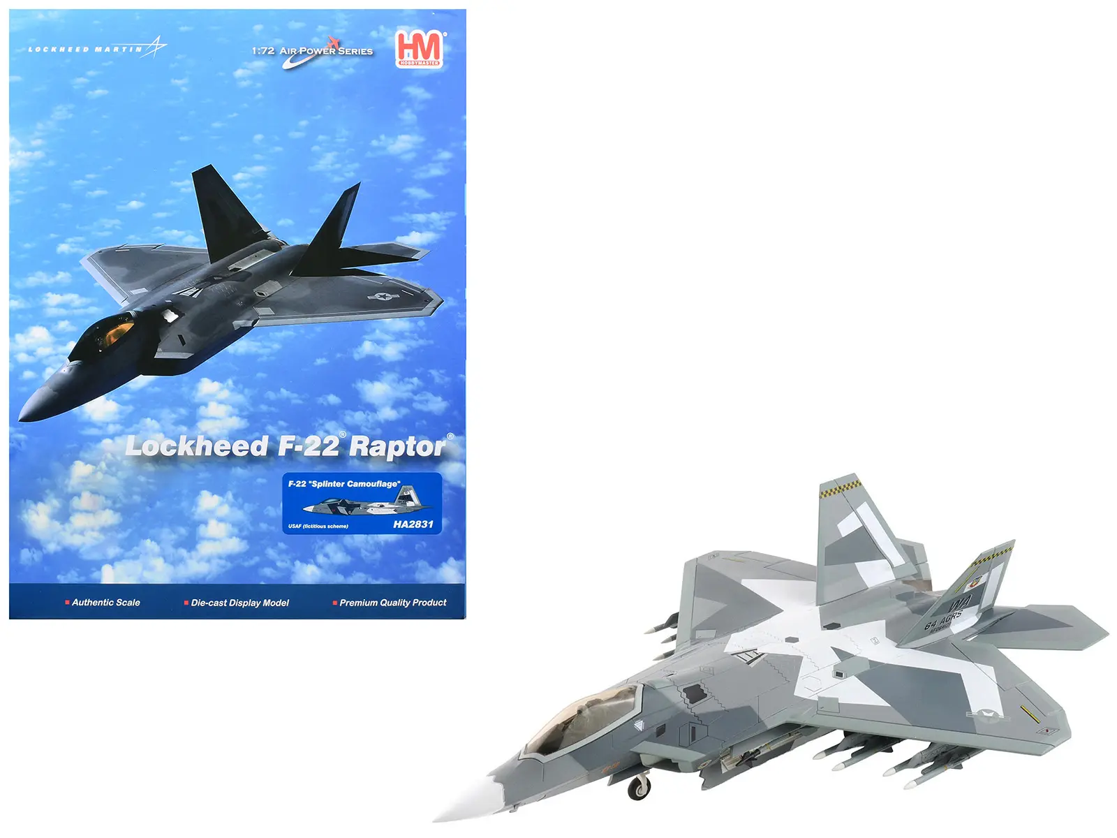 Lockheed F-22 Raptor Stealth Aircraft "Splinter Camouflage" US Air Force "Air Power Series" 1/72 Diecast Model by Hobby Master
