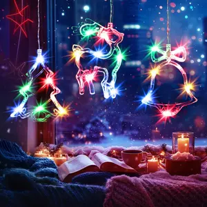 Christmas Window Light Decorations, 3-Piece Set Tree-Bell-Caribou Christmas Lights, Battery Operated, Suction Cup & Timer, Indoor Hanging String Lights, Led Mood Light