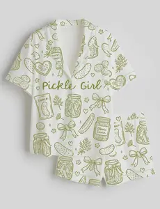 Pickle Girl Pajama Set for Women – Funny Pickle Print Button-Up Sleepwear, Cute Food Lover Pajamas, Novelty Lounge Set Gift