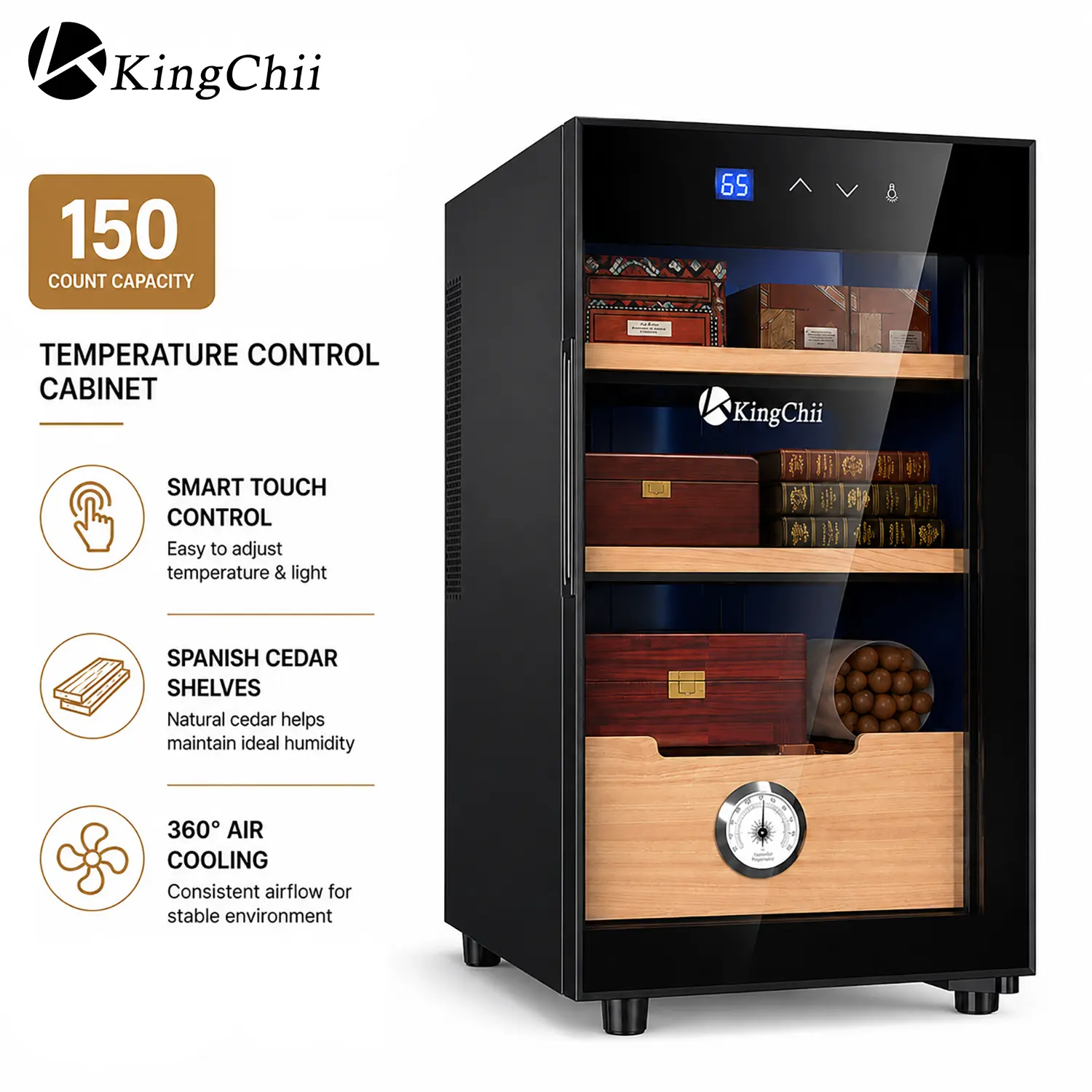 KingChii 23L Electric Humidor Cabinet, Spanish Cedar Wood Shelves Temperature Control, 150 Capacity