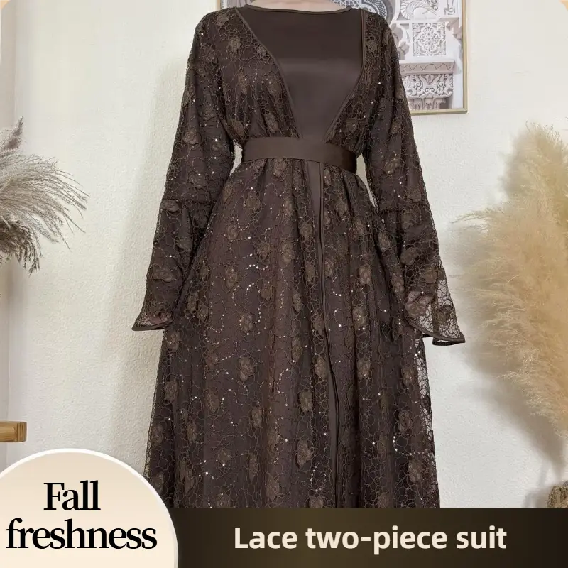 【FallFreshness】CL65 Two-piece lace robe, bat sleeves, lace embroidered robe, underwear and cardigan, Nida robe Muslim clothing, dignified, elegant and