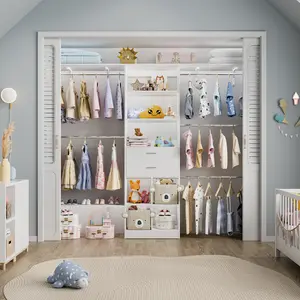 57''-96'' Adjustable Walk-in Closet Organizer System with 2 Drawers & 5 Hanging Rods, Modern Closet System with Shelves for Nursery & Walk-In Closets