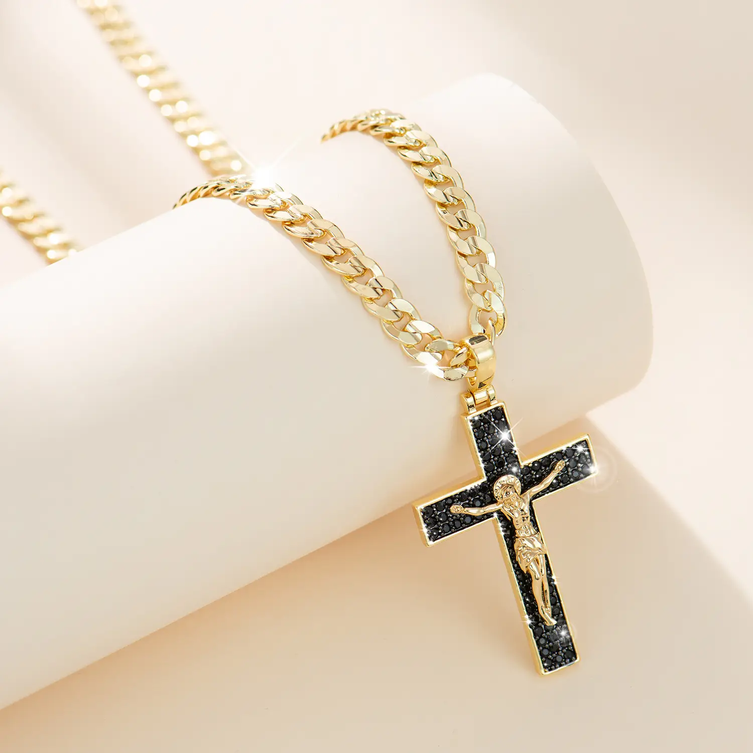 Holylegend 14k Gold-Plated Cuban, Figaro, Miami Chain with Jesus Christ Crucifix,24 inches Long and 6mm wide,Black Cz Stones