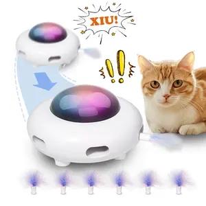 "Interactive Cat Toys for Indoor Cats，Replaceable and durable accessor，USB Charge Automatic Kitten Toys,White，Entertainment with 6pcs Feathers -UFO"
