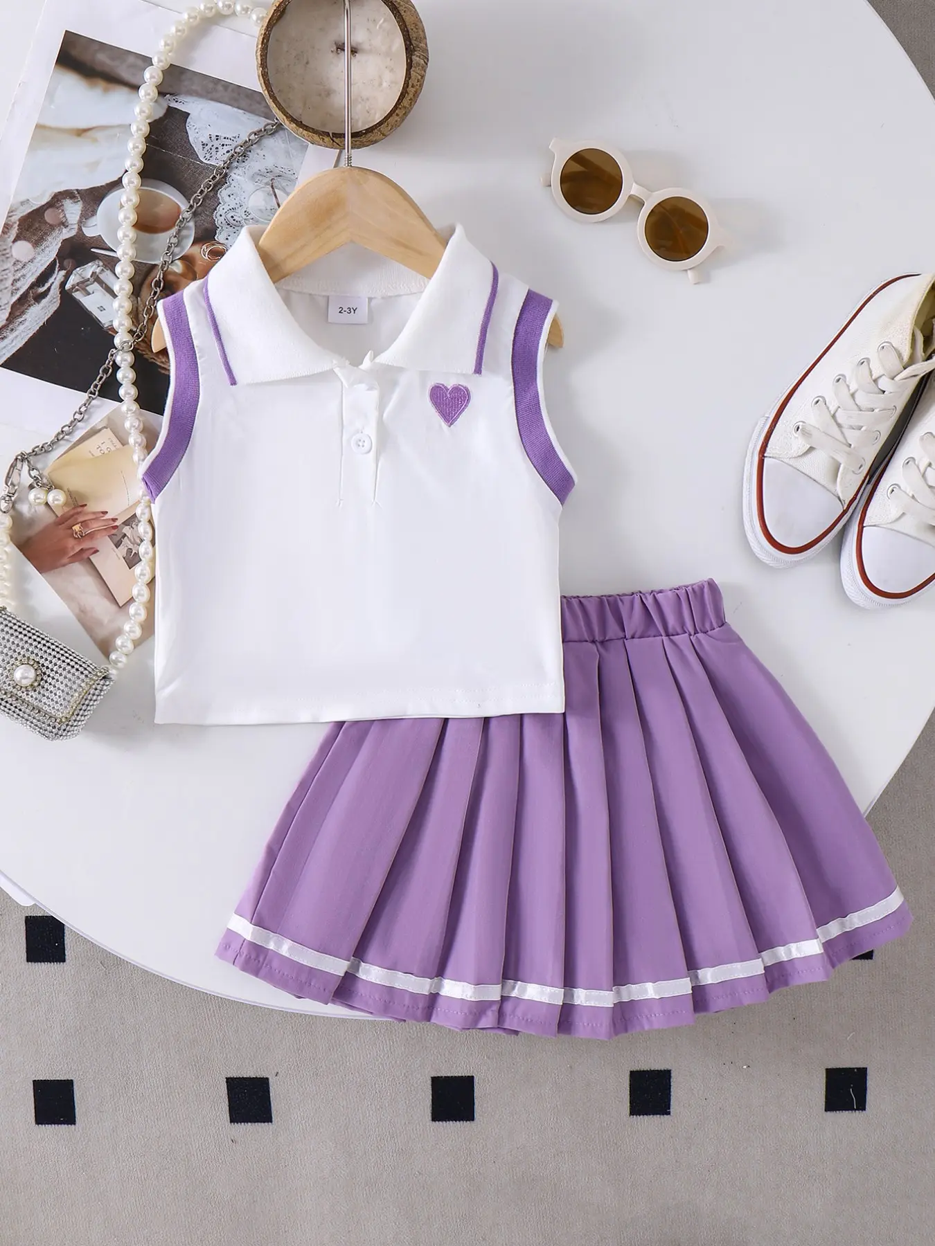 Toddler Girls Sleeveless Polo Top and Pleated Skirt Set, Spring Summer Cute College Style Outfit with Contrast Trim, Heart Embroidery, Button Front, Soft Comfy Daily Wear for Ages 2-7