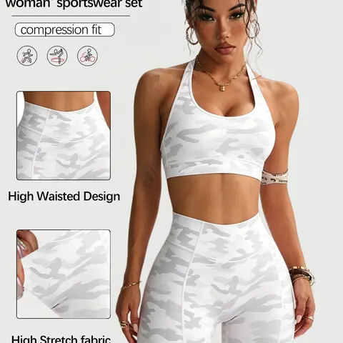 POBODO Women Camo 2 Piece Sportswear Set Compression Halter Sports Bra High Waist Stretch Biker Shorts Slim Fit Gym Yoga Workout Activewear,travel essentials,camping essentials
