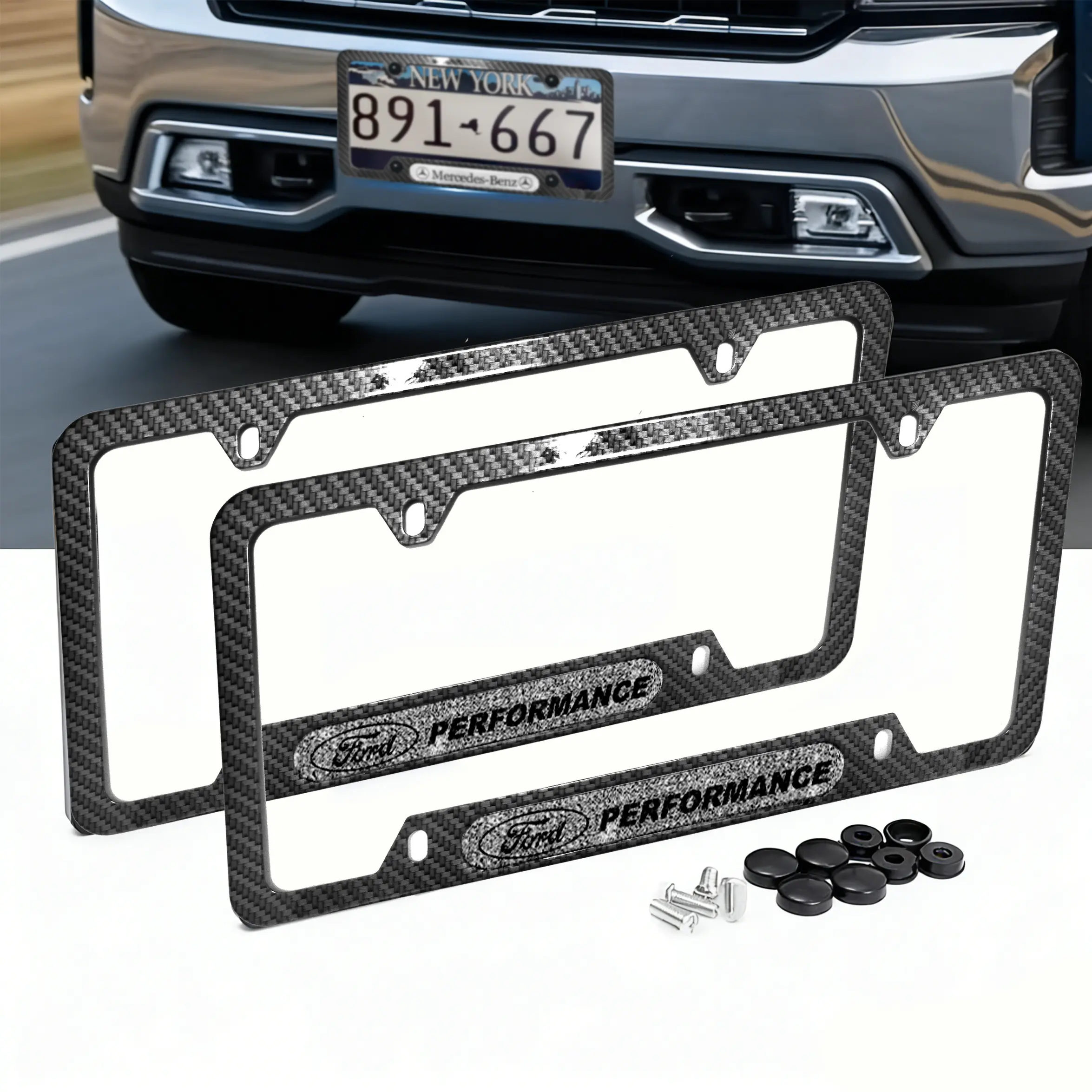 Carbon Fiber Texture Metal License Plate Frame - Ford Vehicle Front Protector, Sparkling Logo, Universal Automotive Accessory
