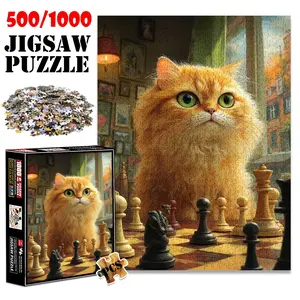 1pc 1000 piece adult puzzle 70x50cm Fluffy Orange Cat Playing Chess 500 pieces paper jigsaw puzzle suitable for DIY creative games for adults and families, birthday and holiday stress relief gifts,