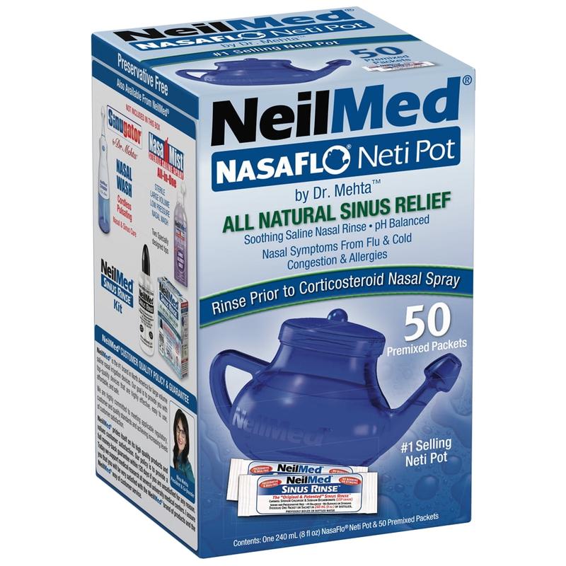 Neilmed Nasaflo Neti Pot Nasal Wash System for Adults, 50 Premixed Packets – Allergy, Sinus and Congestion Relief